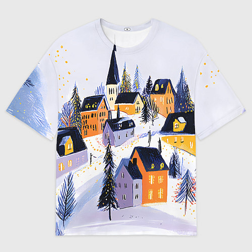 Женская футболка оверсайз Новогодние домики на горе / 3D-принт – фото 1