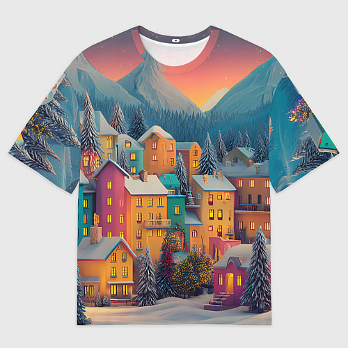 Женская футболка оверсайз Новогодний город в горах / 3D-принт – фото 1