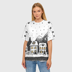 Футболка оверсайз женская Черно-белый новогодний город, цвет: 3D-принт — фото 2