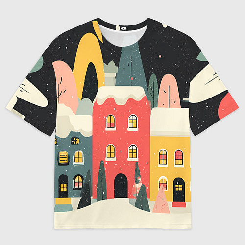 Женская футболка оверсайз Разноцветные новогодние дома / 3D-принт – фото 1
