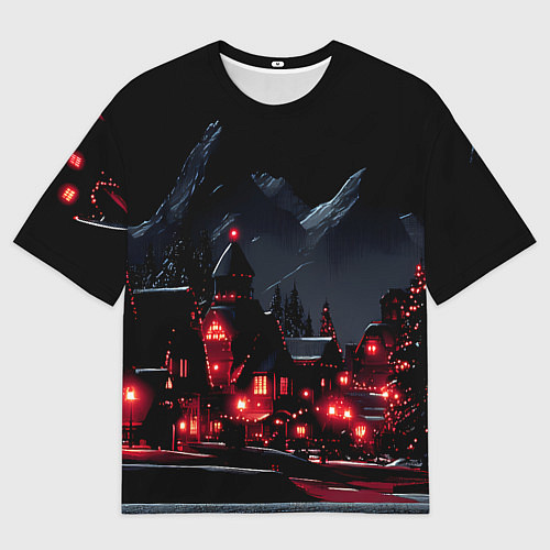 Женская футболка оверсайз Новогодняя ночь и красные гирлянды / 3D-принт – фото 1