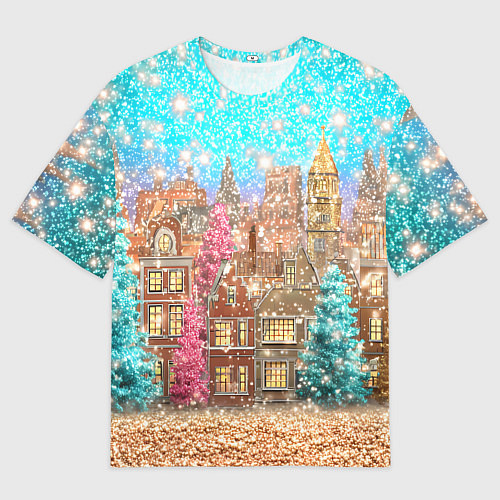 Женская футболка оверсайз Новогодний город в блестках / 3D-принт – фото 1