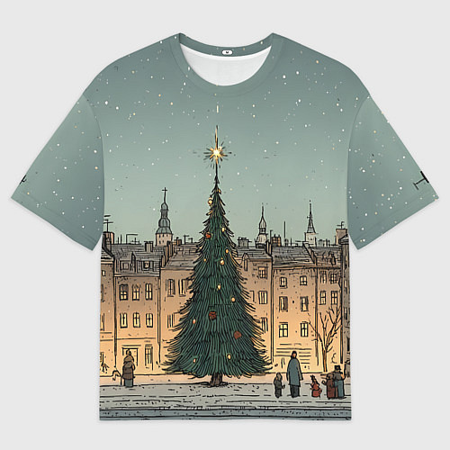 Женская футболка оверсайз Новогодняя елка во дворе / 3D-принт – фото 1