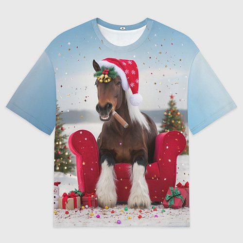 Женская футболка оверсайз Новогодний конь / 3D-принт – фото 1