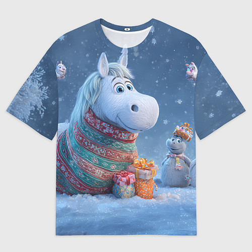 Женская футболка оверсайз Новогодняя лошадь с подарками / 3D-принт – фото 1