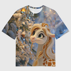 Женская футболка оверсайз Новогодняя лошадка в крапинку