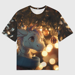 Женская футболка оверсайз Лошадка под новогодней елкой