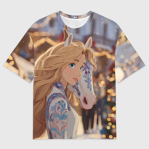 Женская футболка оверсайз Блондинка с новогодней лошадкой / 3D-принт – фото 1