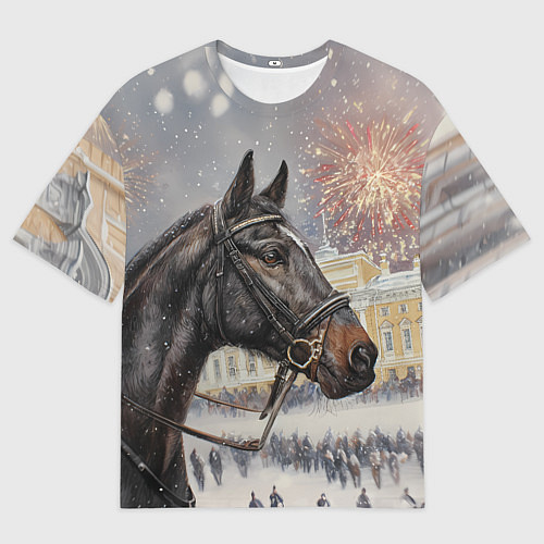 Женская футболка оверсайз Конь на фоне салюта / 3D-принт – фото 1