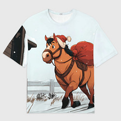 Женская футболка оверсайз Лошадка везет новогодние подарки