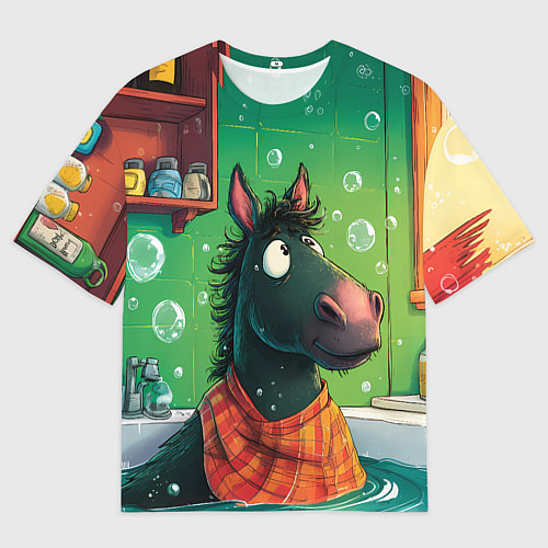 Женская футболка оверсайз Лошадь моется в ванной / 3D-принт – фото 1