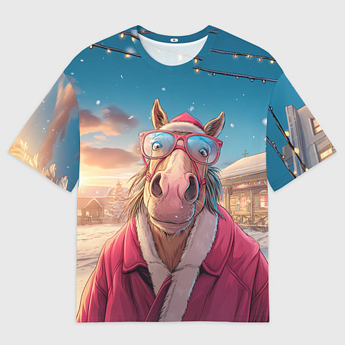 Женская футболка оверсайз Удивленная лошадь в очках / 3D-принт – фото 1