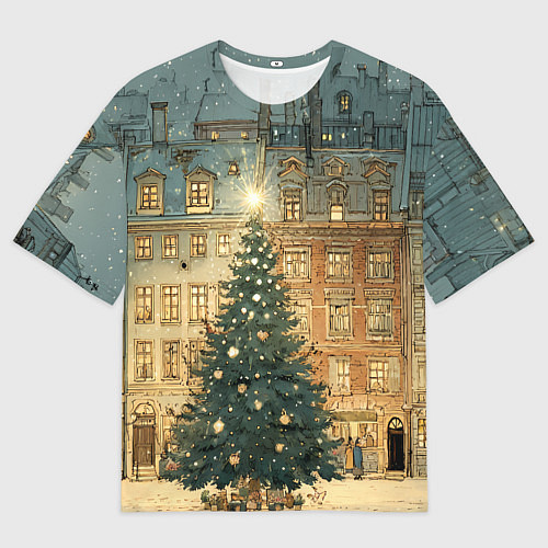 Женская футболка оверсайз Новогодний старый город / 3D-принт – фото 1
