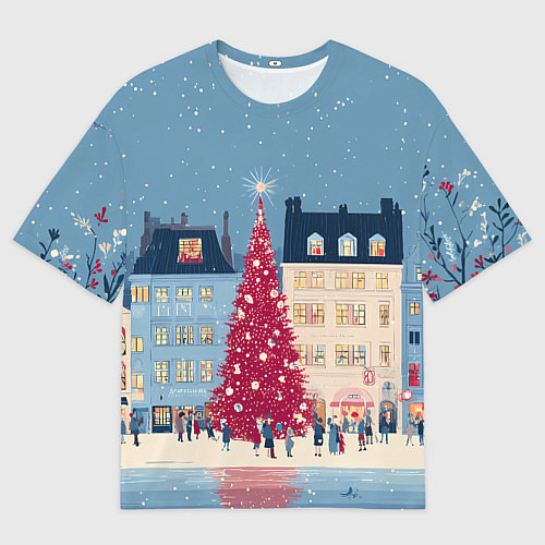 Женская футболка оверсайз Новогоднее гуляние у красной елки / 3D-принт – фото 1