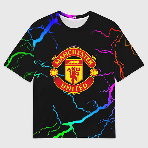 Женская футболка оверсайз Манчестер Юнайтед неоновые молнии / 3D-принт – фото 1
