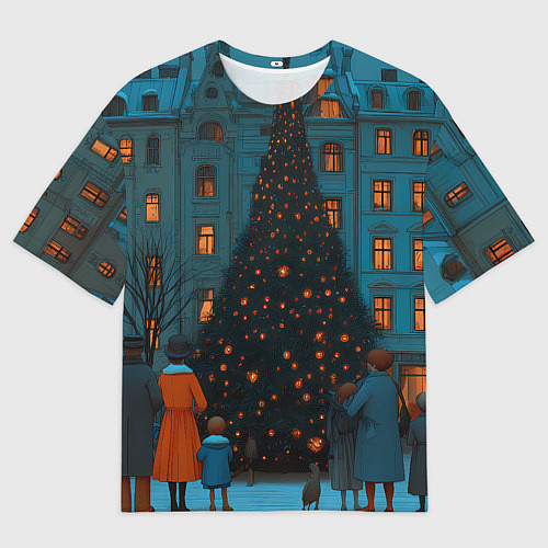 Женская футболка оверсайз Люди встречают новый год во дворе / 3D-принт – фото 1