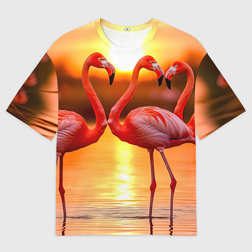 Женская футболка оверсайз Розовый закат с фламинго / 3D-принт – фото 1