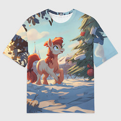 Женская футболка оверсайз Лошадка любуется елкой