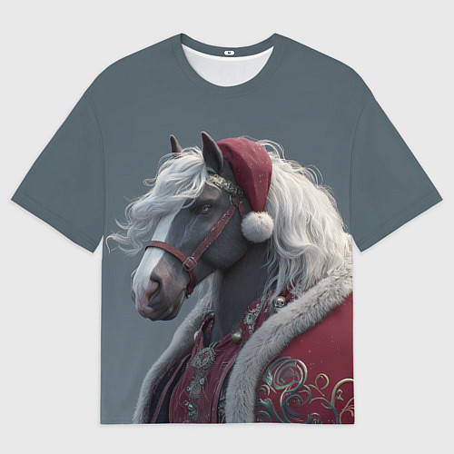 Женская футболка оверсайз Лошадь в новогоднем костюме / 3D-принт – фото 1