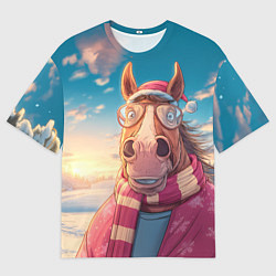 Женская футболка оверсайз Новогодняя лошадь в очках