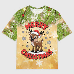 Футболка оверсайз женская Олень в шапке Санты, цвет: 3D-принт