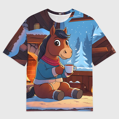 Женская футболка оверсайз Лошадка у камина / 3D-принт – фото 1