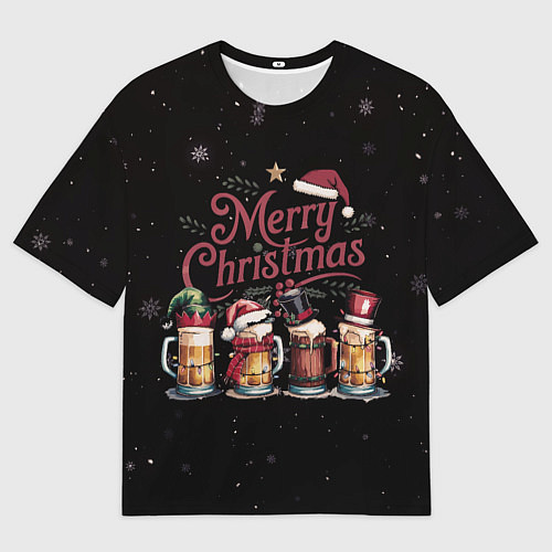 Женская футболка оверсайз Кружки пива в новогодних шапках / 3D-принт – фото 1