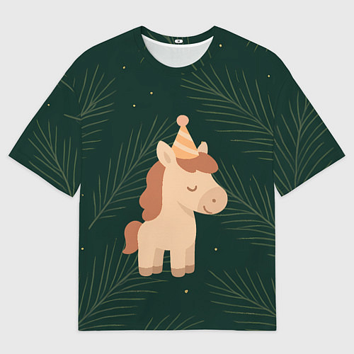 Женская футболка оверсайз Милая лошадка с колпаком / 3D-принт – фото 1