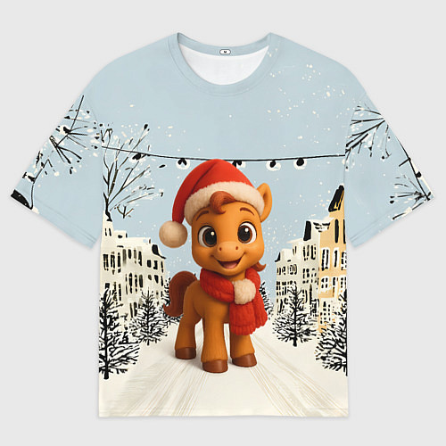 Женская футболка оверсайз Милая новогодняя лошадка с шарфом / 3D-принт – фото 1