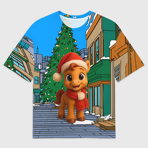 Женская футболка оверсайз Новогодняя лошадка и елка / 3D-принт – фото 1