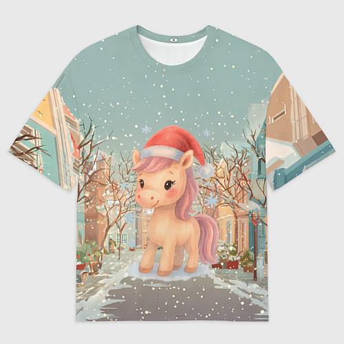 Женская футболка оверсайз Маленькая новогодняя милая лошадка / 3D-принт – фото 1