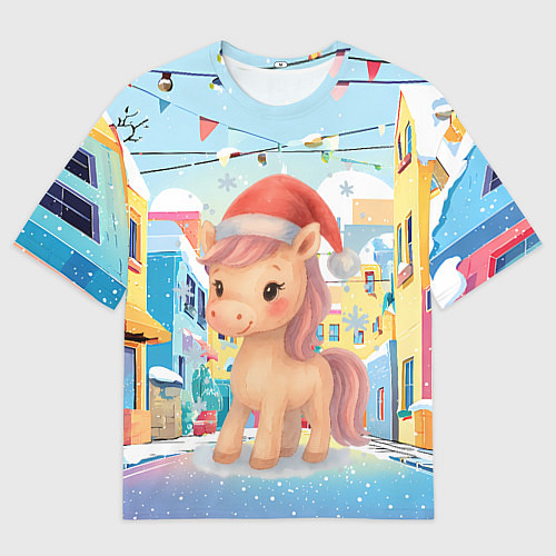 Женская футболка оверсайз Лошадка с новогоднем венком / 3D-принт – фото 1