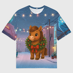 Женская футболка оверсайз Лошадка с новогоднем венком 2026