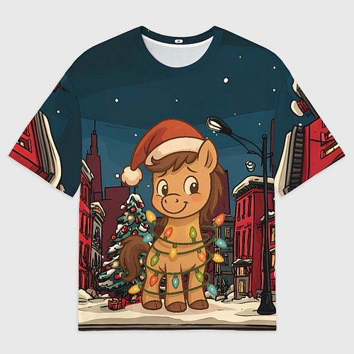 Женская футболка оверсайз Лошадка в новогодней гирлянде / 3D-принт – фото 1