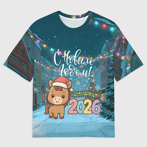 Женская футболка оверсайз Новогодняя лошадка 2026 год / 3D-принт – фото 1