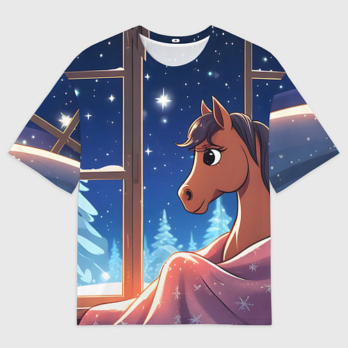 Женская футболка оверсайз Лошадка зимней звездной ночью / 3D-принт – фото 1