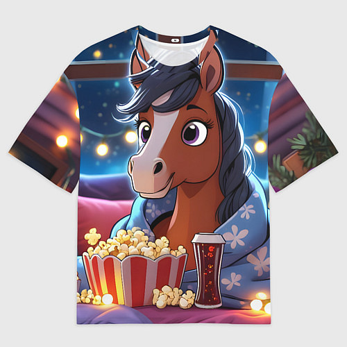 Женская футболка оверсайз Новогодняя лошадка с попкорном / 3D-принт – фото 1
