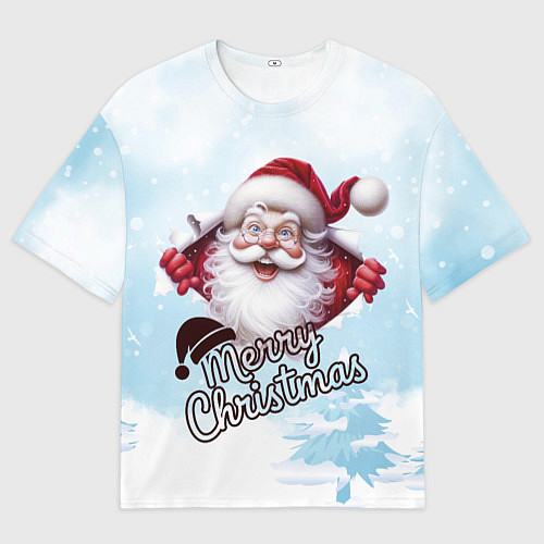 Женская футболка оверсайз Санта в зимнем лесу / 3D-принт – фото 1