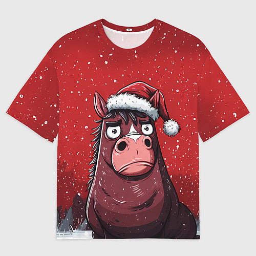 Женская футболка оверсайз Конь в новогодней шапке / 3D-принт – фото 1