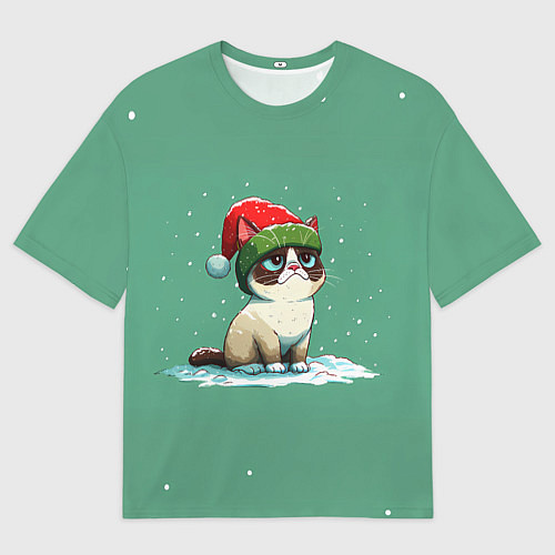 Женская футболка оверсайз Новогодний мем котик / 3D-принт – фото 1