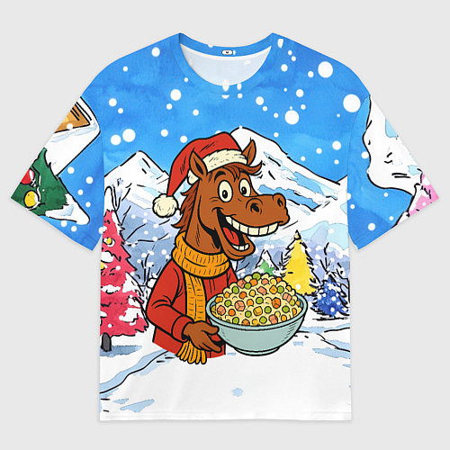 Женская футболка оверсайз Лошадка с оливье / 3D-принт – фото 1