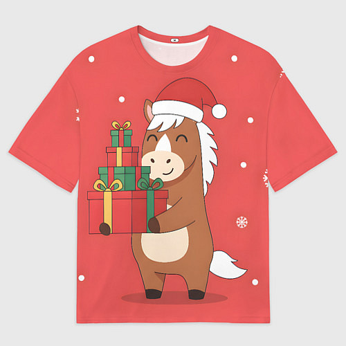 Женская футболка оверсайз Новогодняя лошадка с подарками / 3D-принт – фото 1