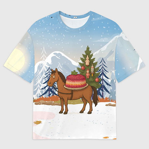 Женская футболка оверсайз Лошадь с салатом Под шубой / 3D-принт – фото 1