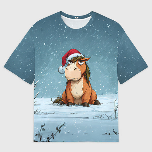Женская футболка оверсайз Недовольная новогодняя лошадка / 3D-принт – фото 1