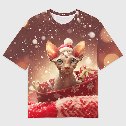 Женская футболка оверсайз Сфинкс новогодняя кошка / 3D-принт – фото 1