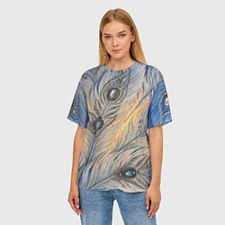 Футболка оверсайз женская Синие перья с самоцветами, цвет: 3D-принт — фото 2