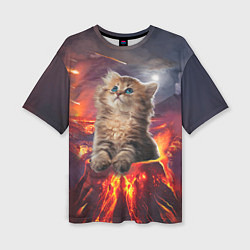 Женская футболка оверсайз Кот на вулкане