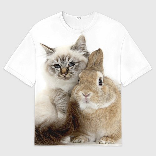 Женская футболка оверсайз Кот и кролик пушистые / 3D-принт – фото 1