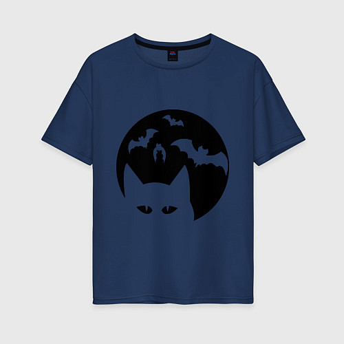 Женская футболка оверсайз Луна с котами / Тёмно-синий – фото 1