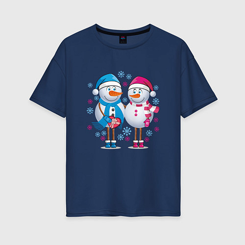 Женская футболка оверсайз Влюбленные снеговики / Тёмно-синий – фото 1